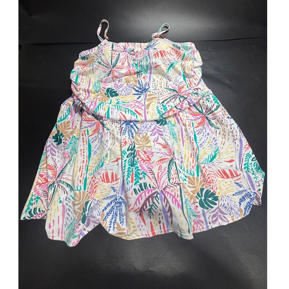 Susan Graver Tropical Palm Print Swim Dress Multicolor 30W One Piece Swimsuit